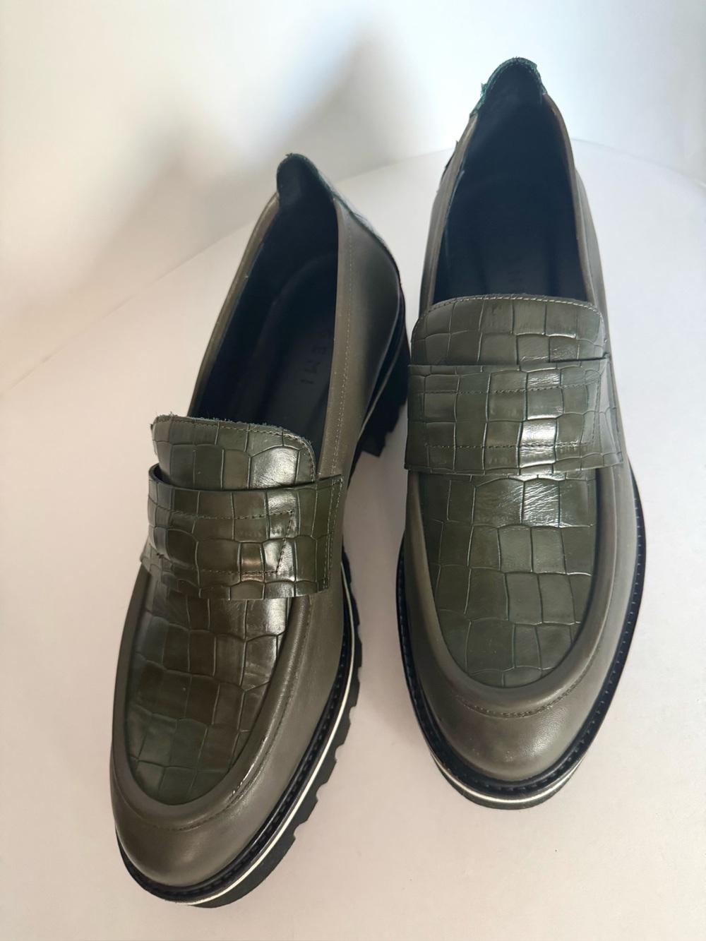 NIB M.Gemi Croc-Embossed Olive Green Leather Lug Sole Italian Loafers US11 - Picture 4 of 13